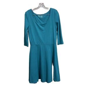 Pact Teal Green Fit and Flare Pockets Organic Cotton 3/4 Sleeve Dress Size Large